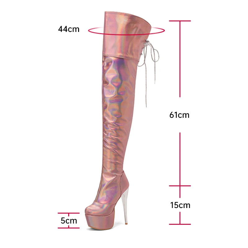 Ods Sexy Womens Mirror Stiletto Heel Thigh High Booties Ladies Party Shoes Platform Over-the-knee Boots Silver Pink 4445464748