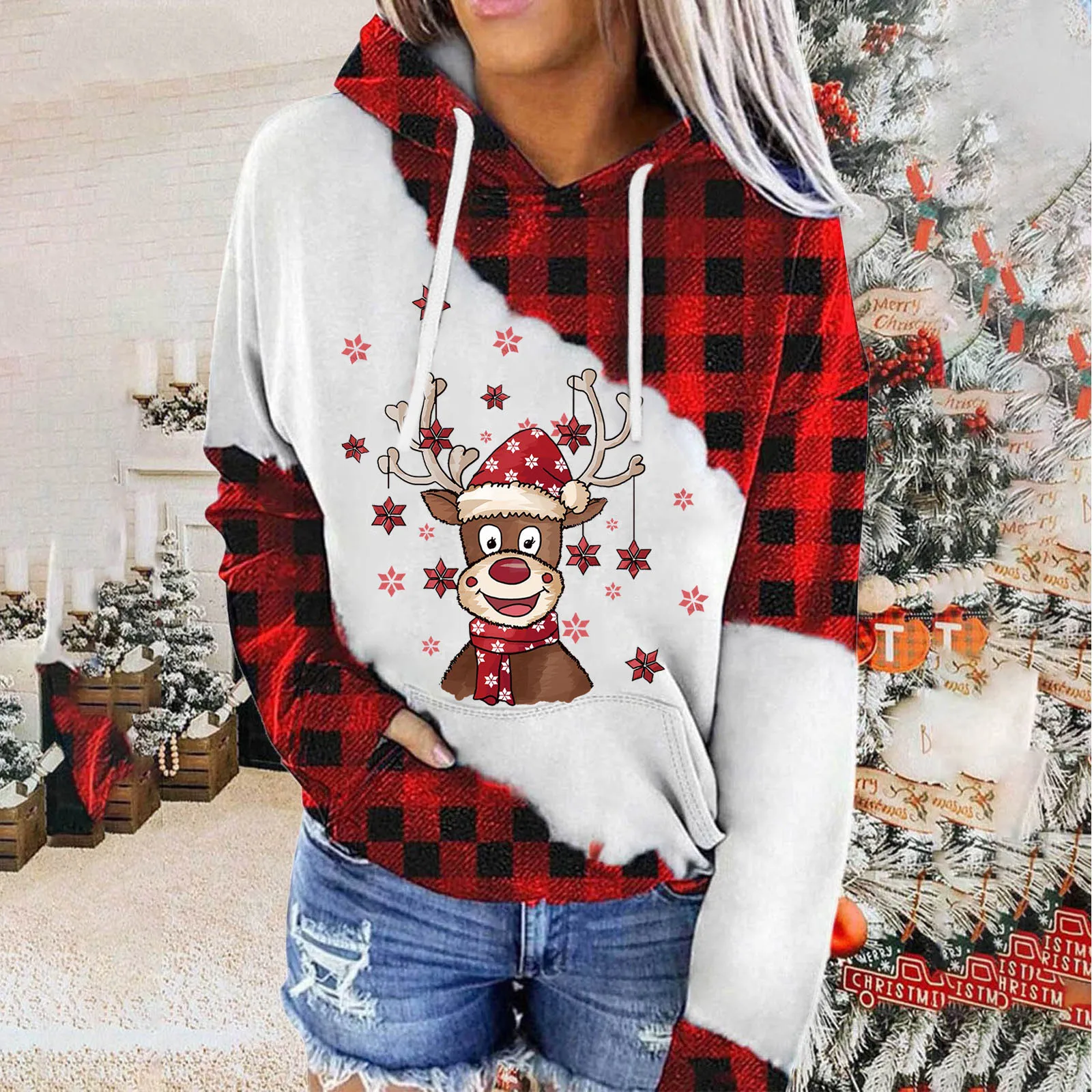 

Women's Fashion Christmas Print Plaid Hooded Drawstring Sweatshirt Pullover Long Oversized Hoodie Women Trendy Women Hooded Tops