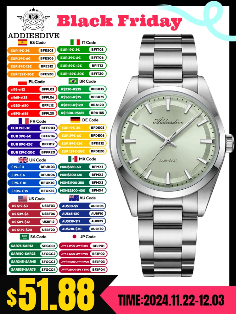 Мужские кварцевые наручные часы ADDIESDIVE 36 мм цвет в ассортименте