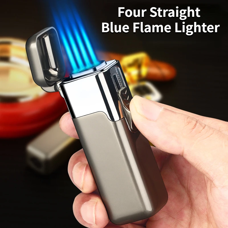 

Powerful Four Fire Straight Into The Blue Flame Inflatable Lighter Men'S Metal Cigar Windproof Gas Lighter
