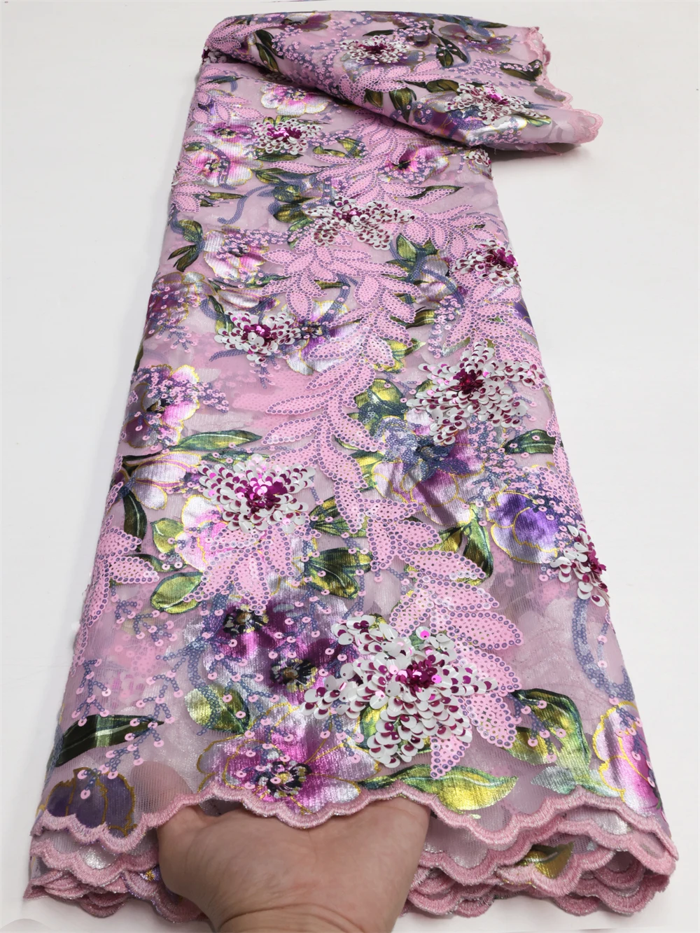 

Pink Double French Lace 2023 Sequined African Textured Fine Net Fabric Korea Tulle Mesh Garment for Big Occasional Celebrants