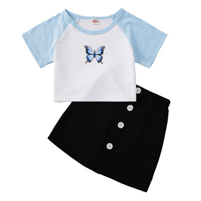 

Summer Kids Girls 2-piece Outfit Butterfly Print T-shirt+Skirt Set for Children Girls Clothes Summer
