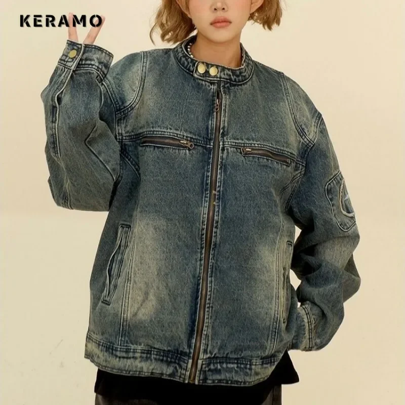 Женская джинсовая куртка на молнии Повседневная Свободная синяя с круглым