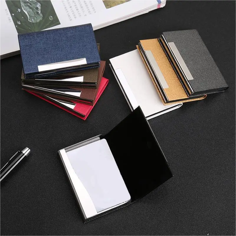 

EZONE 8 Colors Business Name Card Holder Credit ID Card Case Metal Stainless Steel PU Leather Pocket Buckle Business Office Gift