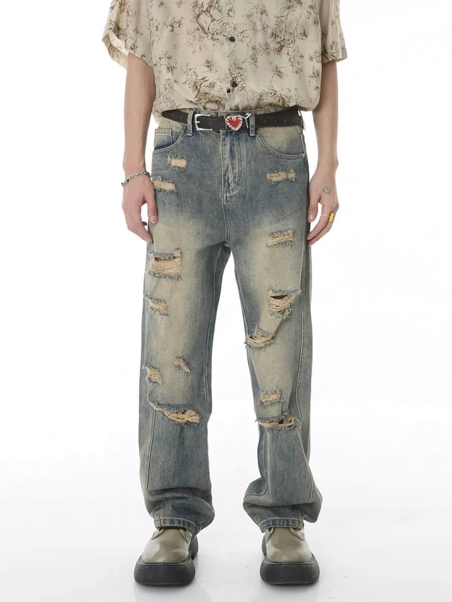 

Джинсы мужские свободные в стиле Харадзюку, модные дизайнерские штаны из денима в повседневном стиле, хлопковые штаны в стиле ретро, с дырками, в стиле хип-хоп