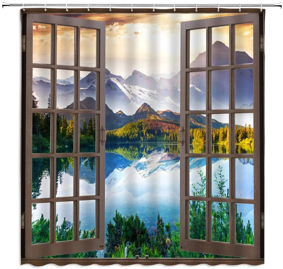 

Сценическая занавеска для душа с изображением гор, восхода, гор, озер, леса, природы, дикой природы, ландшафта, коричневое окно, декор для ван...