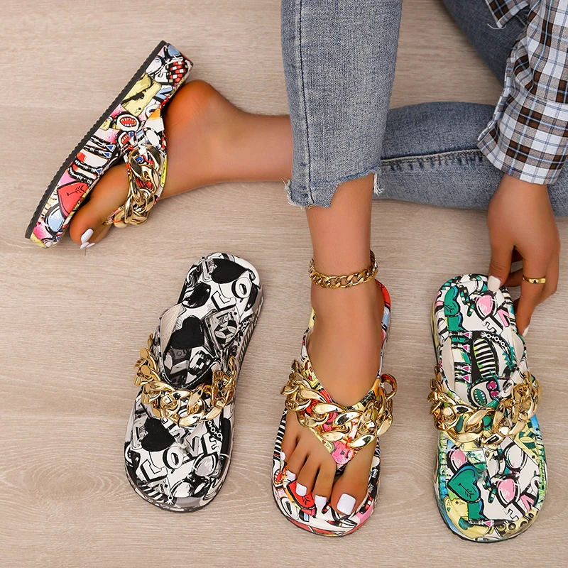 

Women Summer Colorful Graffiti Newest Fashion Chain Flip-flops Sandal Slippers Shoes Woman Flat Platform Sandals Plus Size 43