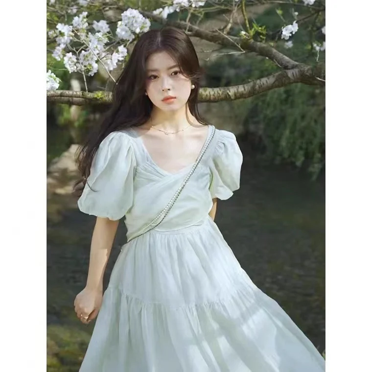 

Зеленое короткое платье с рукавом-пузырьком, Новинка лета 2022, женское французское нежное платье для первого влюбленного