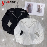 exquisite rhinestone sailor collar long sleeve white blouse women office ladies shirt 2022 new spring summer tops camisas mujer