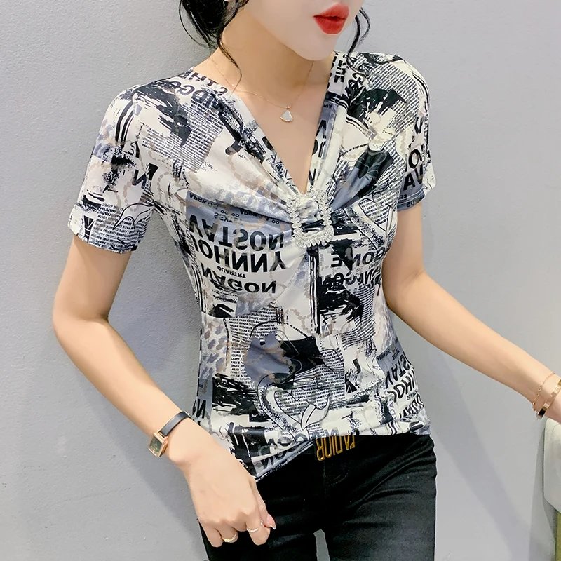 

2023 Summer European Clothes Cotton T-Shirt Chic Sexy V-Neck Shiny Diamonds Print Women Tops Short Sleeve Hand Made Tees 32063