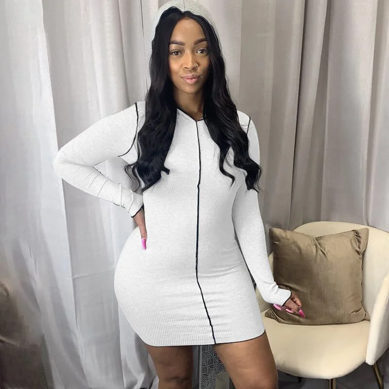 

EvaQueen Knitted White Long Sleeve Hooded Dress Women's Summer Sexy Slim Casual Skirt