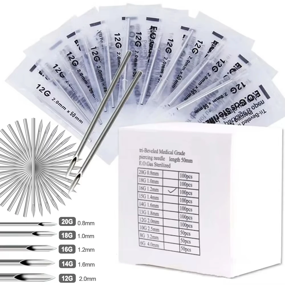 Фото Иглы для пирсинга NARKASY 14/15/16/18/20G, одноразовые, из нержавеющей стали, для пирсинга ушей, носа, губ, татуировок и проколов №1
