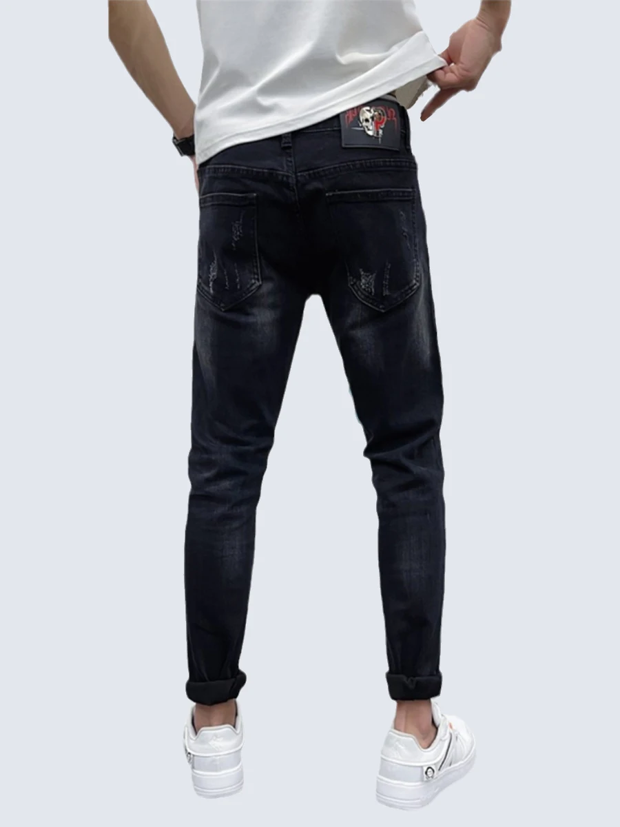 Four Seasons Punk Skull Street Jeans Men Hole Embroidery Letters Hole Harajuku Hip-hop Jeans Fashion Slim Jeans Men Ins Hot Sale