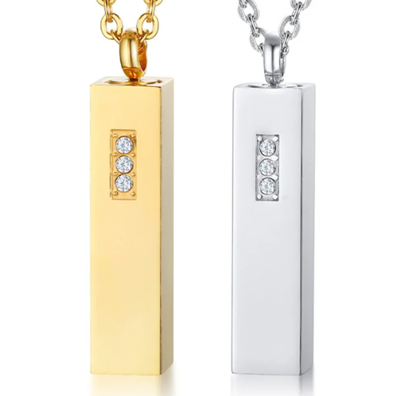 

New Unisex Stainless Steel Vertical Bar Urn Necklace Cremation Ashes Keepsake Pendant Crystal Memorial Can Open Jewelry