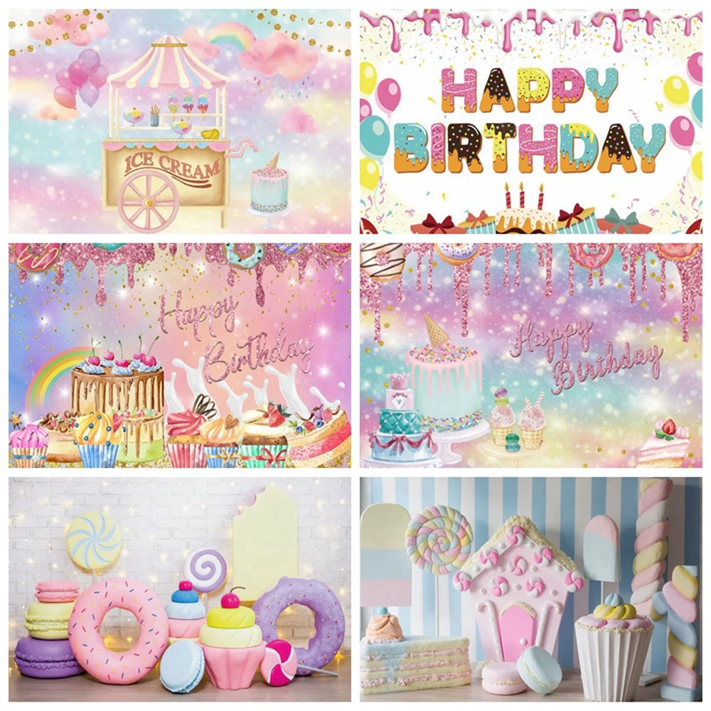 Candy Bar Shop Theme Backdrop Decor Ice Cream Car Cupcake Lollipop Sweet Baby Birthday Party Photography Background Photo Studio
