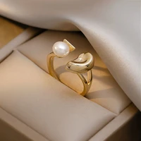 allnewme creative gold color ingots bean charm rings for women copper imitation pearl open adjusting ring wedding accessories