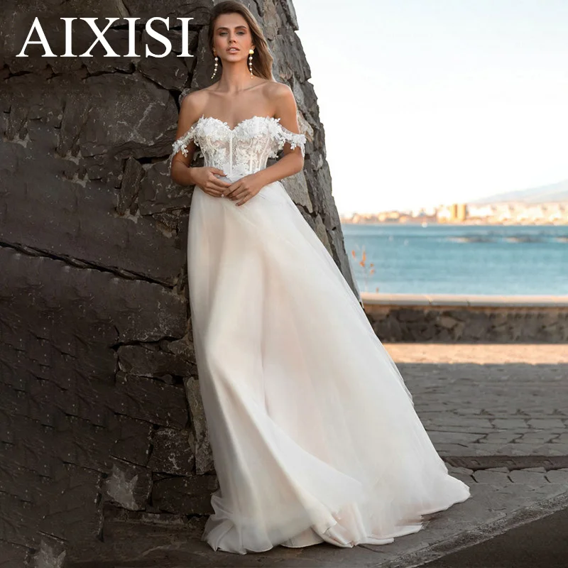 

Aixisi Bohemia Wedding Dresses For Women Bride vestido novias Robe De soiree Mariage Sweetheart Off the Shoulder Backless