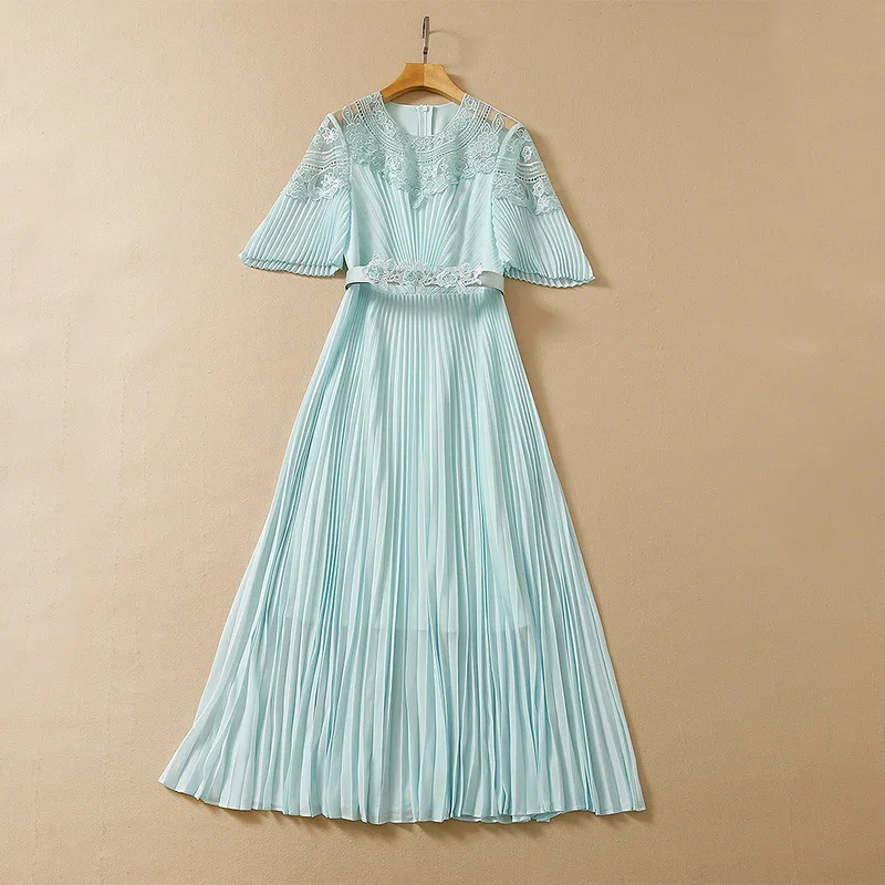 

Женское плиссированное платье в европейском и американском стиле, Новинка лета 2022, модное ажурное платье с рукавами-колоколами и вышивкой, XXL