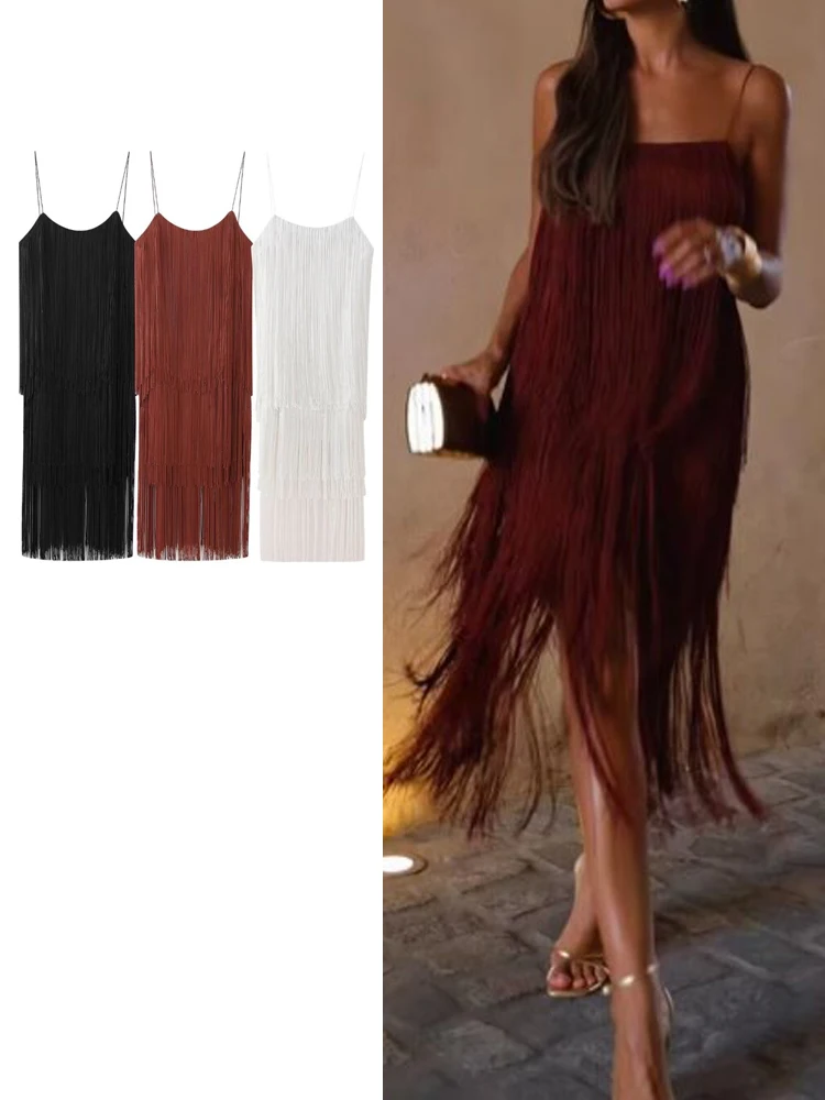 

TRAF Summer Sexy Backless Tassels Spaghetti Strap Midi Dress Women Fashion Slim Sleeveless Dresses Lady Chic Streetwear Robe