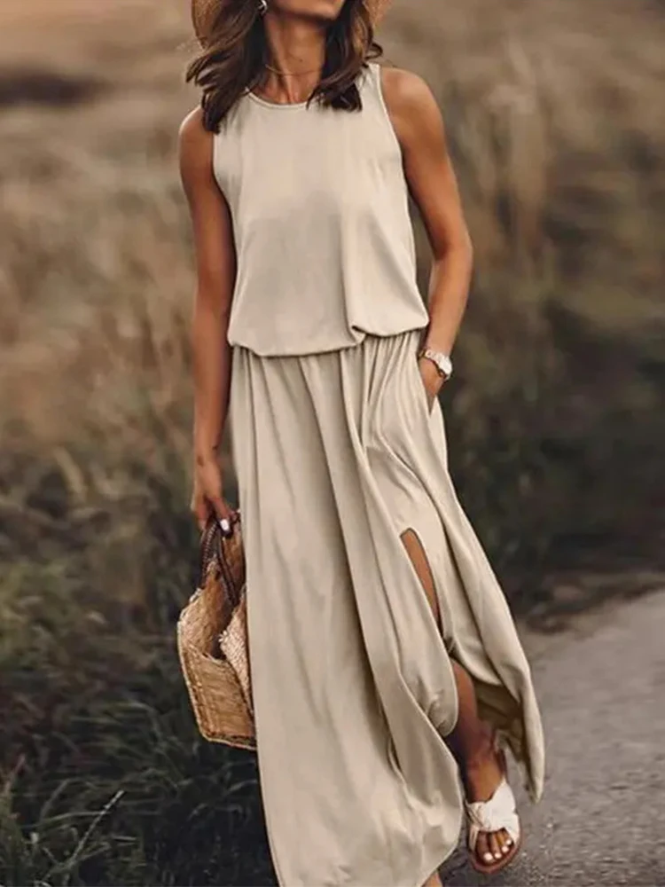 

Ladies Summer Casual Solid Tank Top Long Dress Fashion O Neck Sleeveless A-line Dress Female Harajuku Loose Split 2022 New Dress