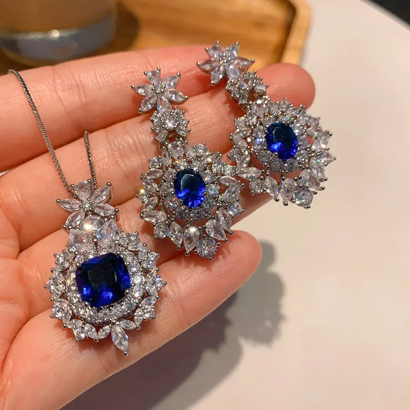 

Билицветные модные синие серьги и ожерелье с фианитами для женщин на свадьбу
