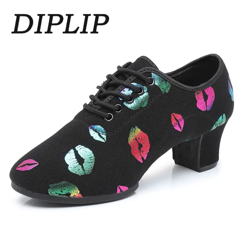 Diplip Ballroom Dancing Shoes Colorful Lips Pattern Lace-Up Tango Dance Shoes Morder Dance Shoes Latin Dance Shoes for women