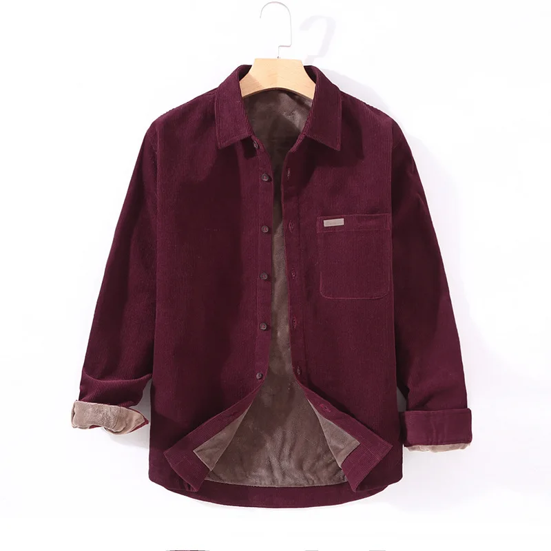 Men's Clothing 2022 Winter Warm Plus Velvet Padded Shirt Men's Casual Solid Color Pocket Decoration Can Wear Corduroy Shirt