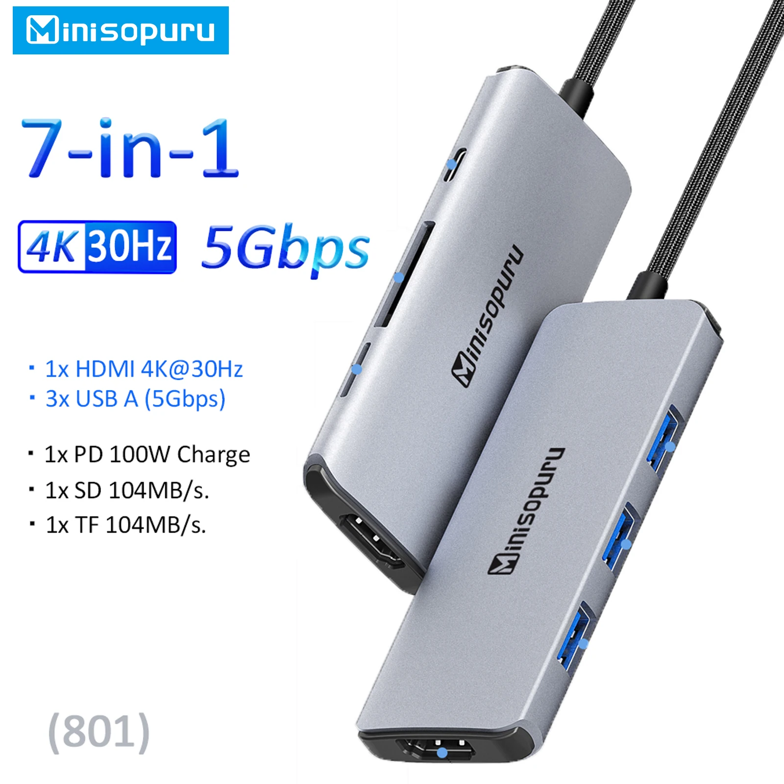 

Minisopuru-концентратор USB C HUB Type C to USB 3.0 Док-станция USB C 4K HDMI PD 100W TF/SD Card Adpater для Macbook Pro Air Аксессуары для ноутбуков Type C 3.0 Splitter 7 in 1USB HUB