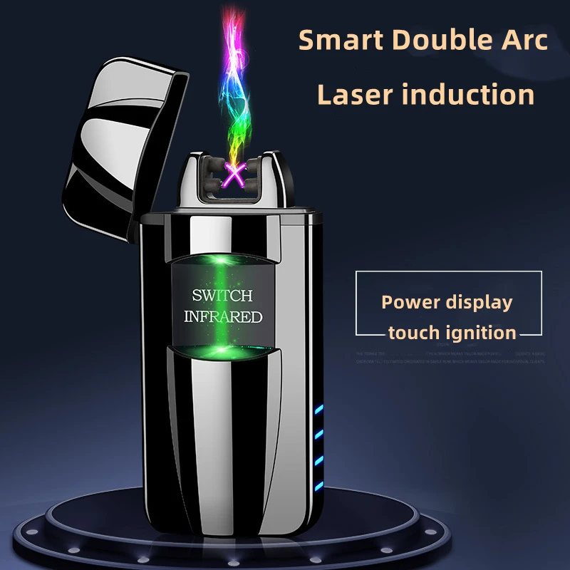 

New Smart Laser Induction Dual Arc Electric Lighter, Metal Windproof USB Plasma Cigarette Lighter, LED Power Display Men's Gift