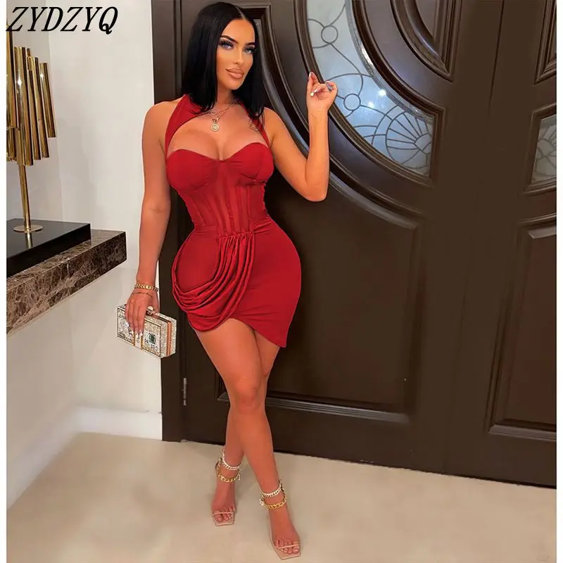 

Сексуальное платье, женская одежда, летние однотонные складки, асимметричные сетчатые наряды для ночного клуба, отдыха, уличная одежда Y2k, о...