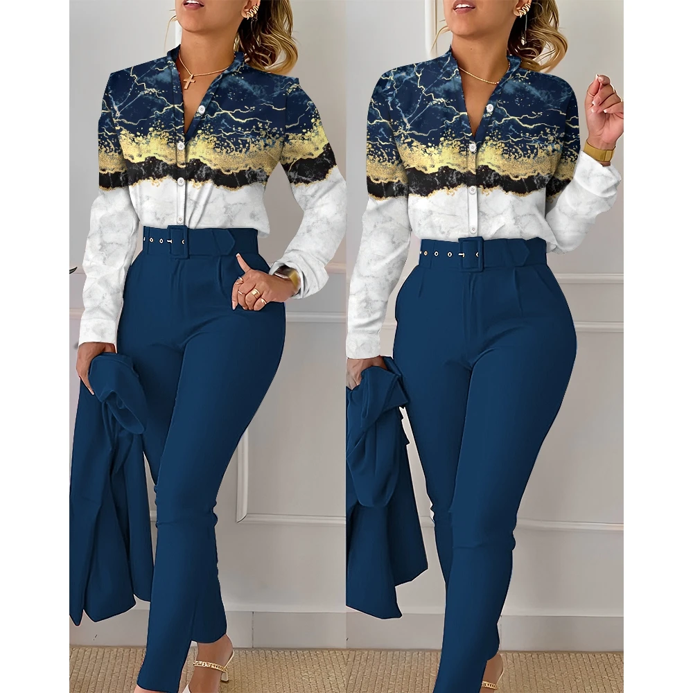 Casual Summer Women Ombre Buttoned Shirt & High Waist Pants Set Korean Style Two Pieces Workwear New In Suit 2023 y2k Clothes