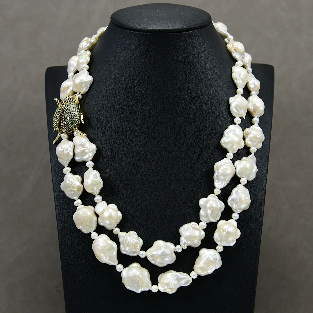 

GuaiGuai ювелирные изделия 2 нити пресноводный белый цветок Keshi жемчужное ожерелье CZ паве Жук подвеска 19 дюймов