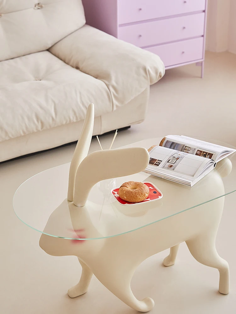 

Кофейный столик в виде кролика, креативное животное, сетка, красный стеклянный Маленький журнальный столик, мягкое украшение для гостиной