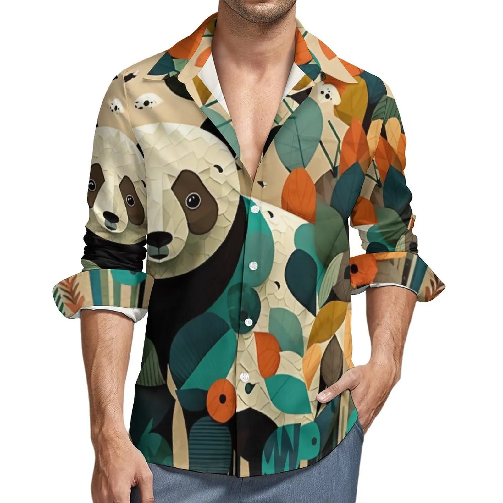 

Panda Casual Shirts Mens Vibrant Illustration Shirt Long Sleeve Vintage Street Style Blouses Spring Pattern Clothing Large Size