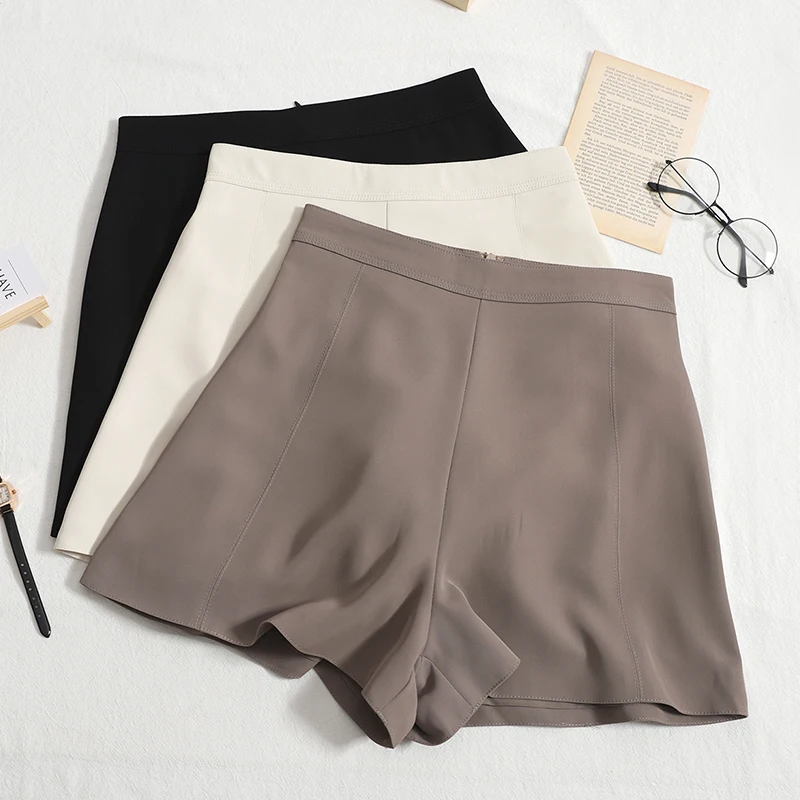 

HELIAR Women Casual Zipper Shorts Female Loose Wide Leg Pants A-line High Waist Shorts Solid Summer Shorts