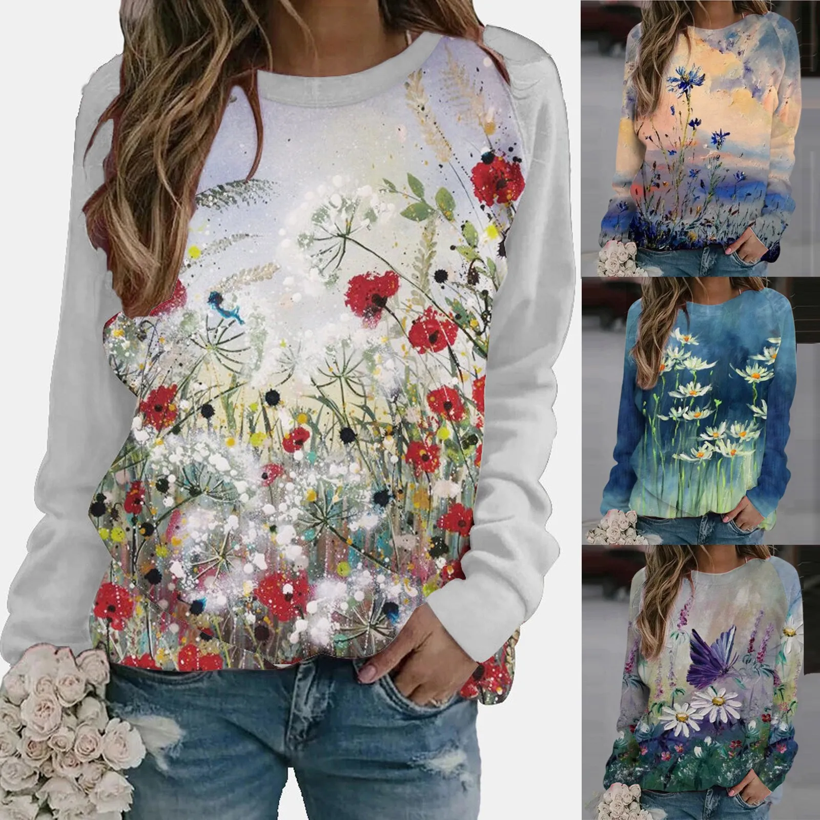 

Женская блузка с длинным рукавом, круглым вырезом и принтом