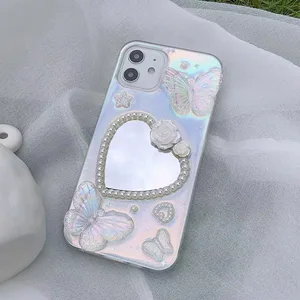 3D Luxury Pearl Flower Floral Butterfly Mirror Soft Transparent Phone Case For iPhone 13 12 Mini 11 