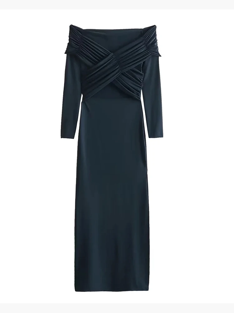 

2023 Womens Autumn New Fashion Cross Slash Neck Solid Slim Long Dress Chic Lady Elegant High Waist Hollow Out Pleated Dresses