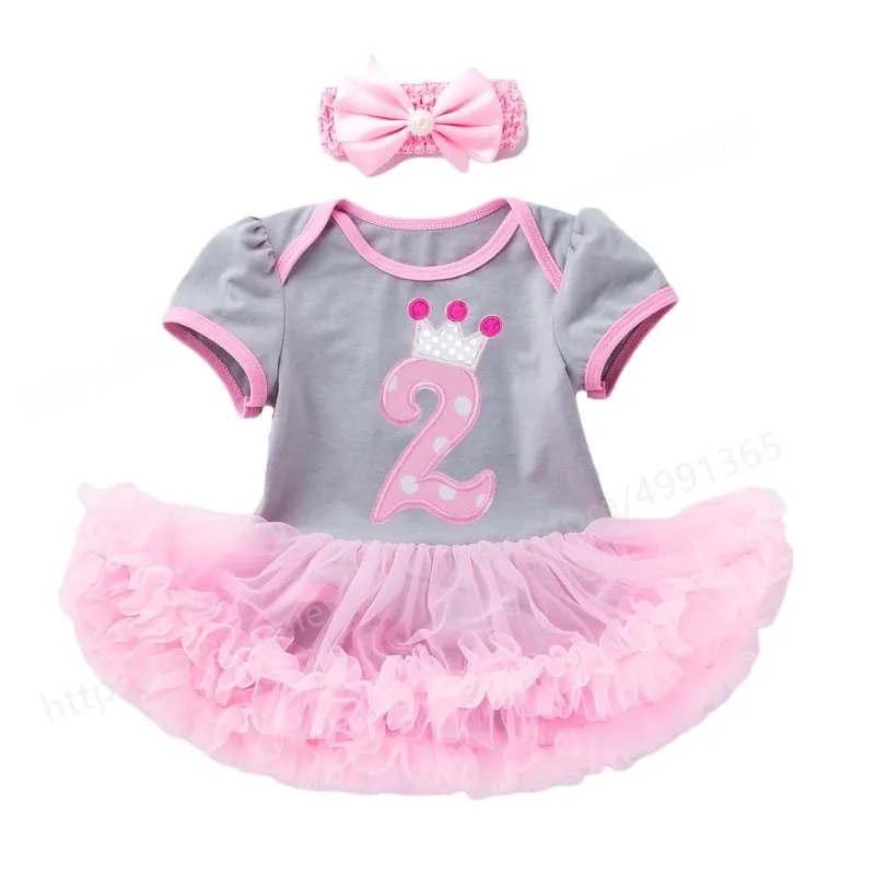 2nd Birthday Outfit 2 Year Old Romper Tutu Dress for Baby Girl Newborn Toddler Bodysuit Christening Gown with Flower Headband