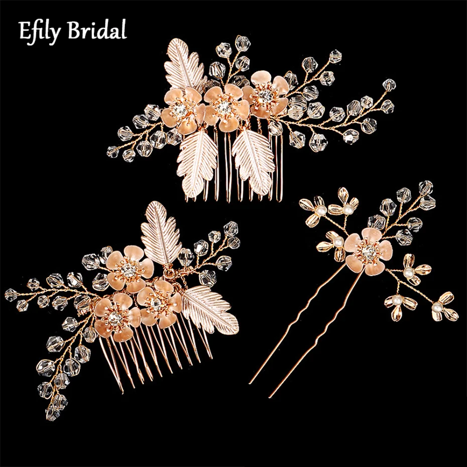 

Efily Wedding Hair Accessories Crystal Bridal Hair Comb Clips Flower Hairpin for Women Party Tiara Bride Headpiece Jewelry Gift
