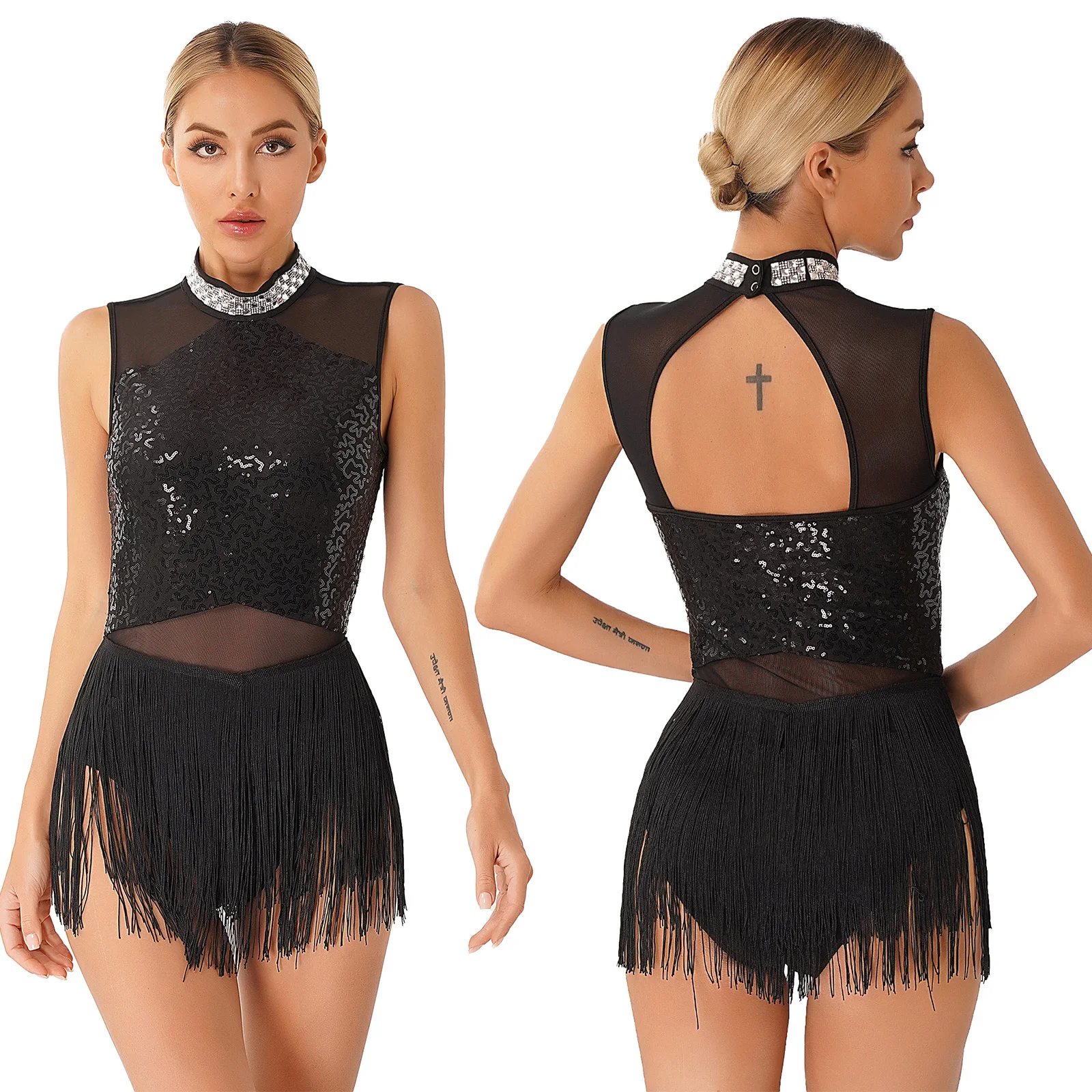 

Women Sequined Latin Dance Shiny Sleeveless Leotard Fringed Dress for Woman Latin Tango Salsa Samba Rumba Dance Performance Wear