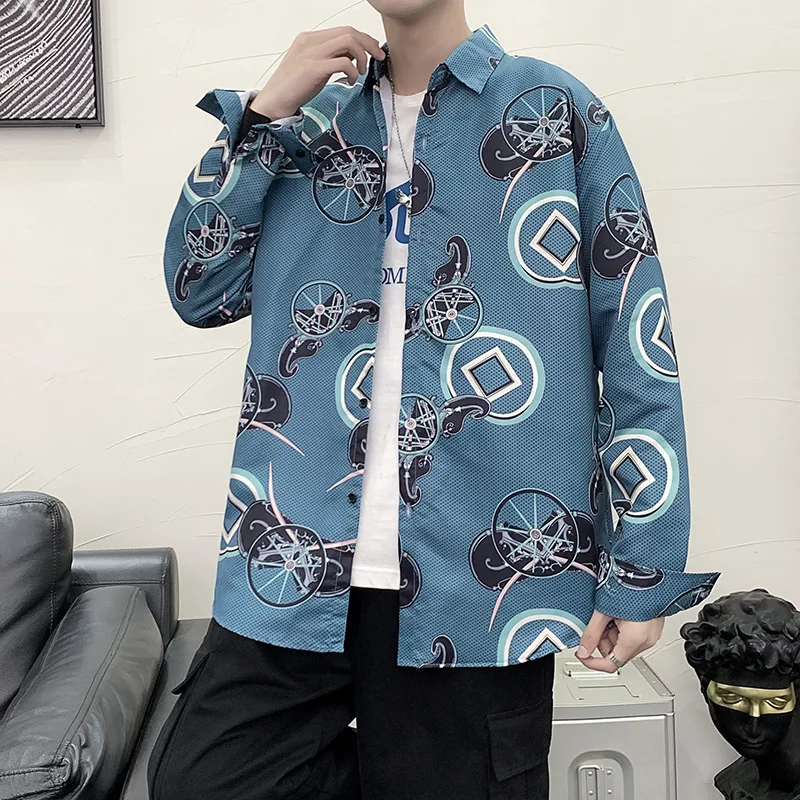 

Новинка весна-осень 2022, модная индивидуальная рубашка в гонконгском стиле с граффити и длинными рукавами для пары, Мужской Свободный Повсед...