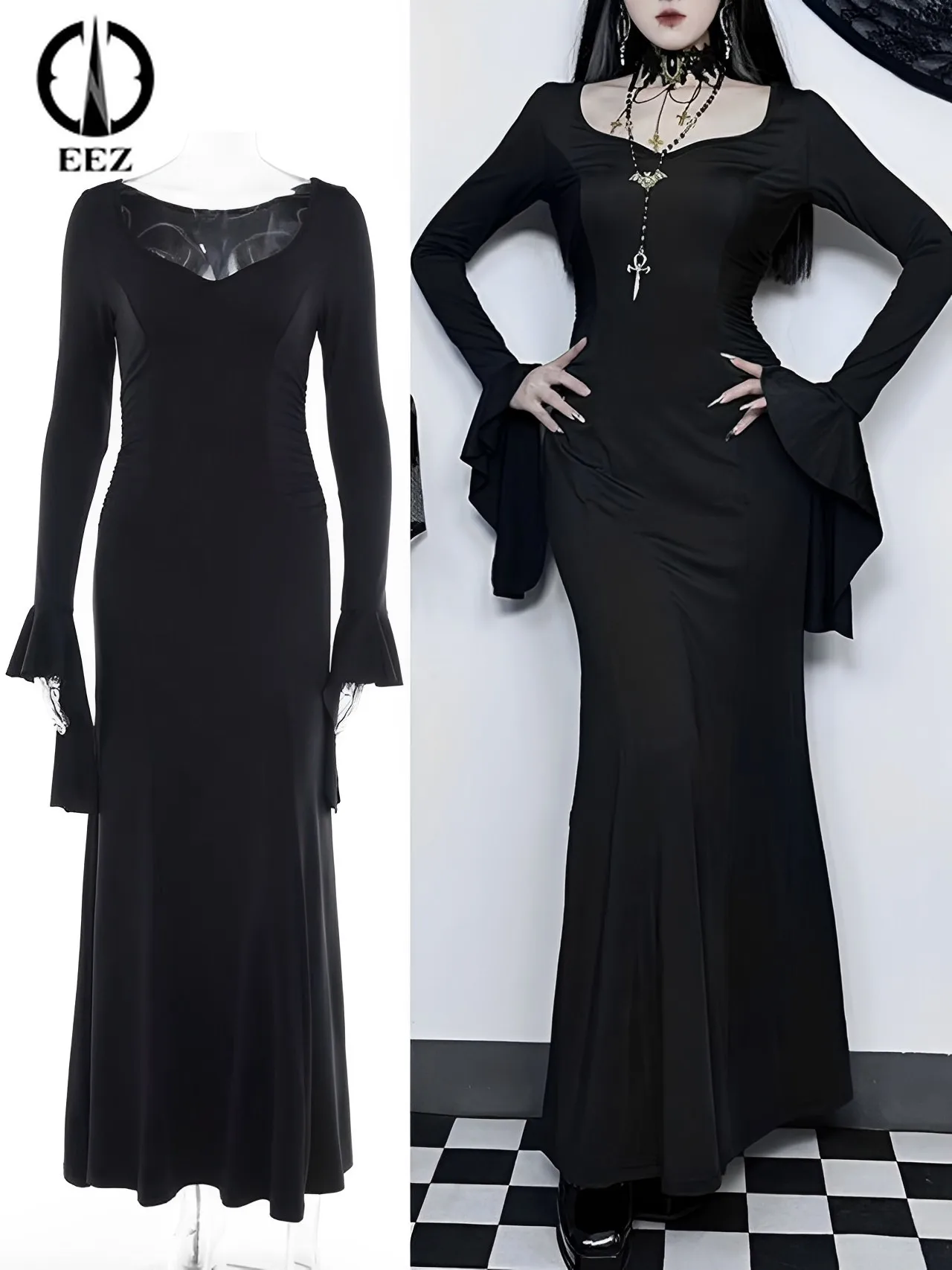 

Vintage Black Deep V Flare Sleeve Midi Dress Women Sexy Elegant Slim Mermaid Dresses Halloween Gothic High Waist Trumpet Dress