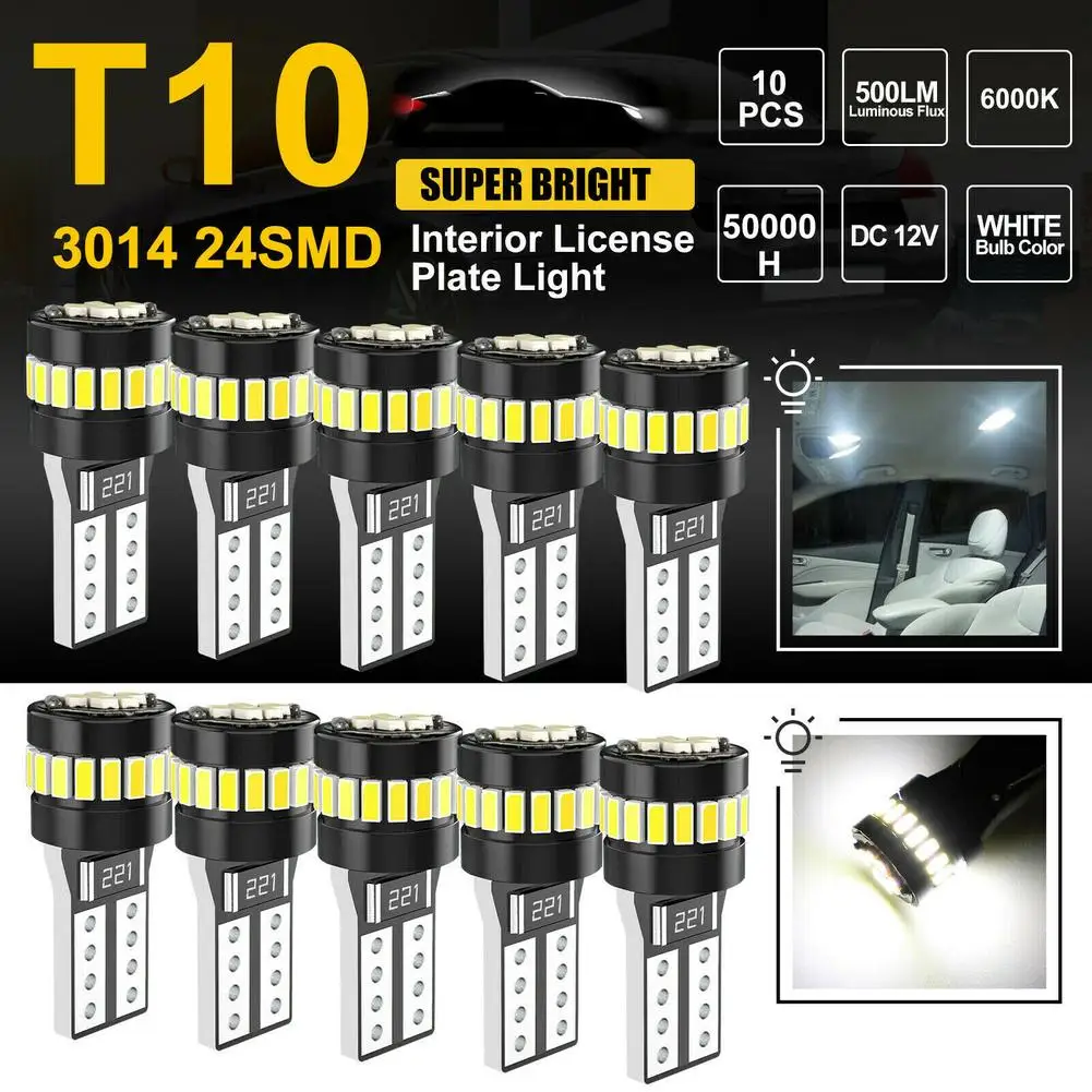 

10 Pcs T10 3014 24-smd Led Interior Light Bulbs Auto Width License Plate Decoding Lamp Replacement Parts