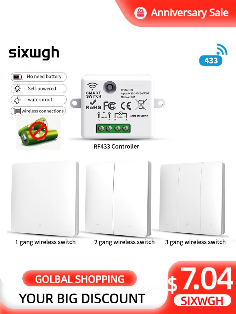 

SIXWGH Smart Switches Wireless Remote Control Push Button Wall Panel Home Improvement Self-powered Waterproof Light Switch Set