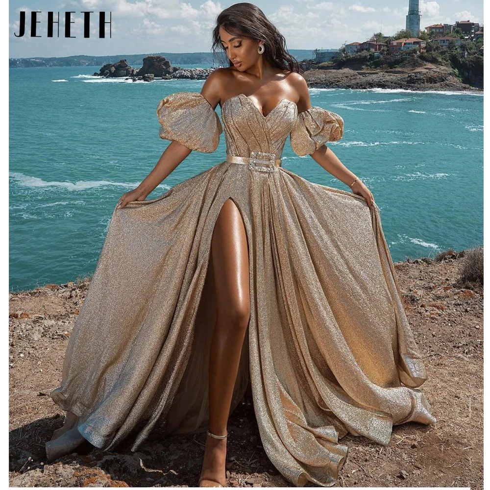 

JEHETH Princess Glitter Evening Dresses Sxey Sweetheart Detachable Puffy Sleeve Party Gowns High Sige Split Beach Prom Dress2023