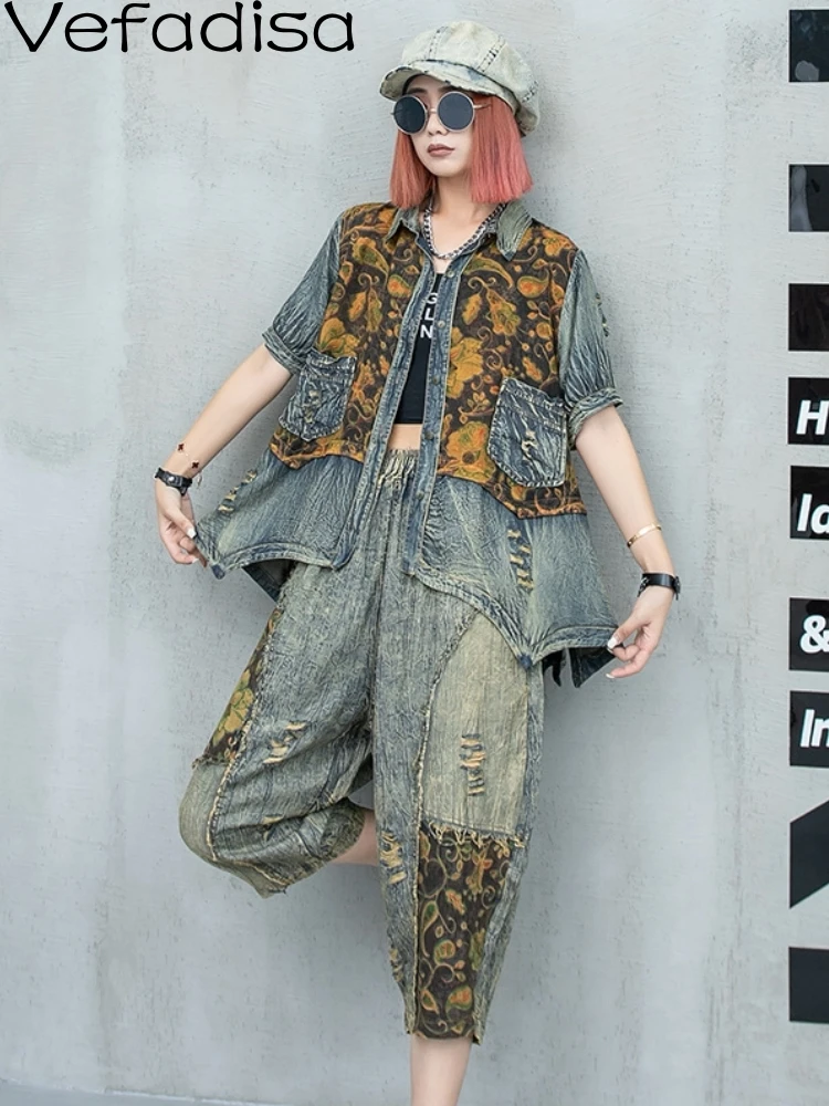 

Vefadisa 2023 Summer Casual Denim Short Sleeve Shirt And Halen Pants Two Piece Set Personalized Flower Spliced Denim Set ZY1747