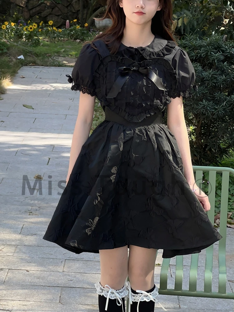 

Черное готическое милое платье в стиле Лолита, милое японское вечерние лое вечернее мини-платье с бантом, повседневное элегантное женское л...