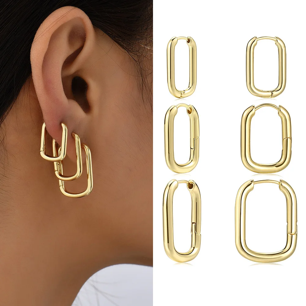 

Simple Design U Shape Hoop Earring for Women Fashion Geometric Square Gold Color Small Metal Huggie Earring Jewelry Accessories