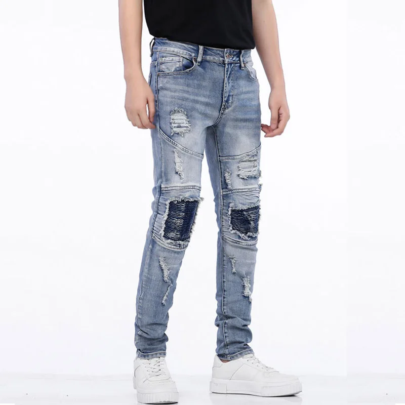 Men Ripped Biker Jeans Pleated Patches Vintage Motorcycle Denim Trousers For Male Slim Fit